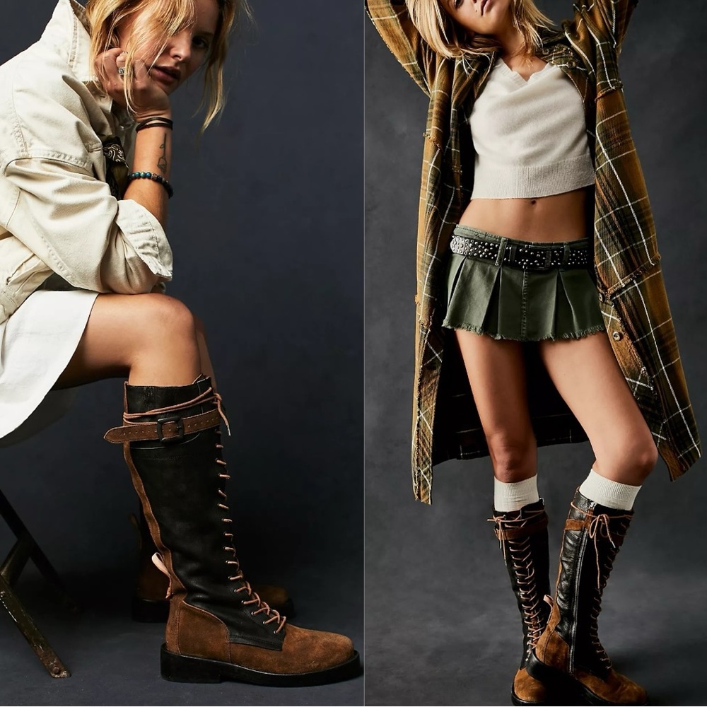 Free People Utilitarian Combat Bowden Lace Up Knee High Boots in Espresso 40 10 - Picture 4 of 16